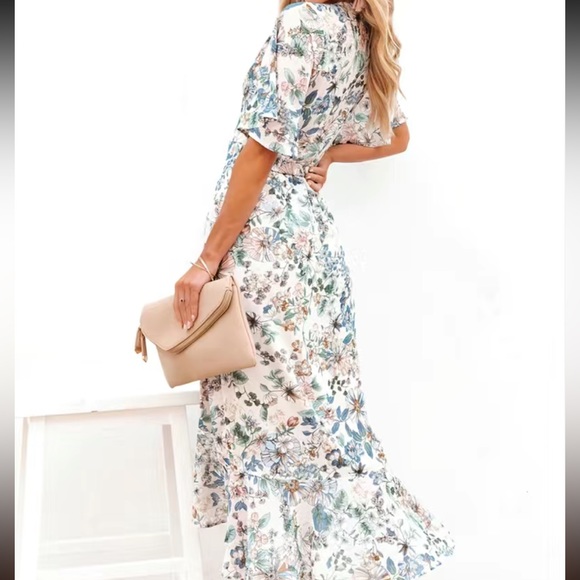 Floral Print Wrap Asymmetrical Ruffle Trim Dress. NWOT - Picture 2 of 4